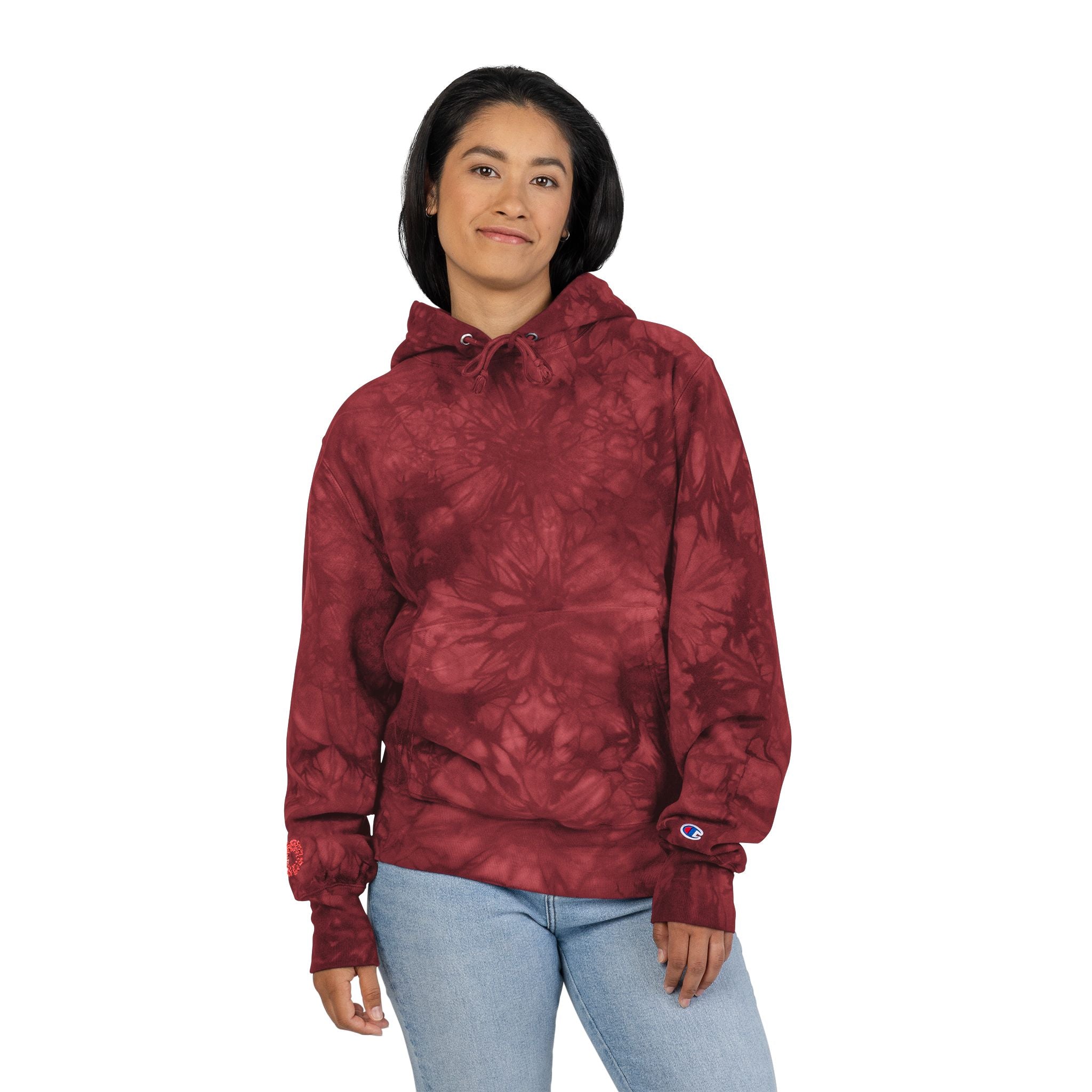 Unisex Tie-Dye Champion Hoodie, Cozy Tie-Dye Sweatshirt, Embroidered Hoodie Gift, Streetwear Fashion, Trendy Casual Wear-Redeemed on right wrist
