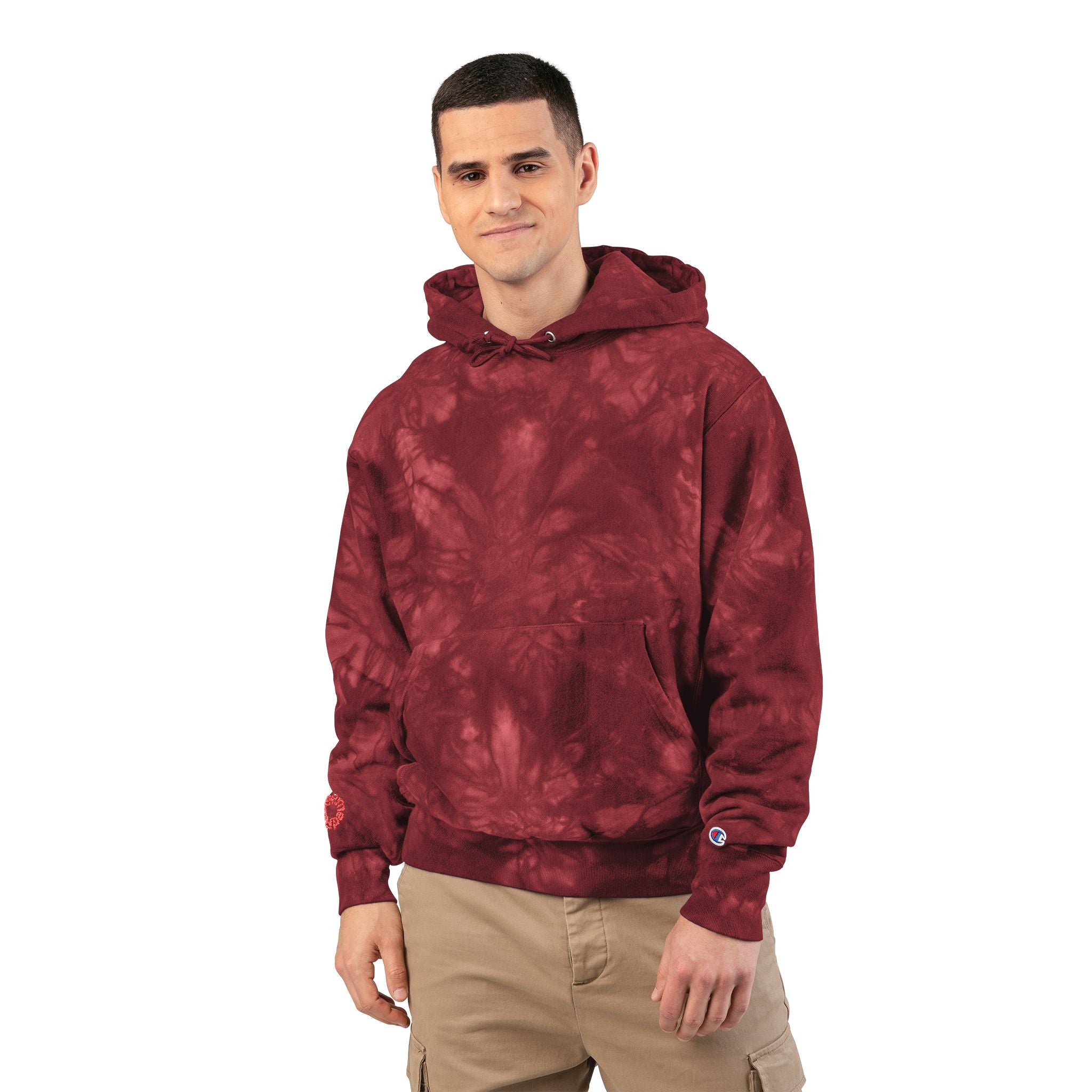 Unisex Tie-Dye Champion Hoodie, Cozy Tie-Dye Sweatshirt, Embroidered Hoodie Gift, Streetwear Fashion, Trendy Casual Wear-Redeemed on right wrist