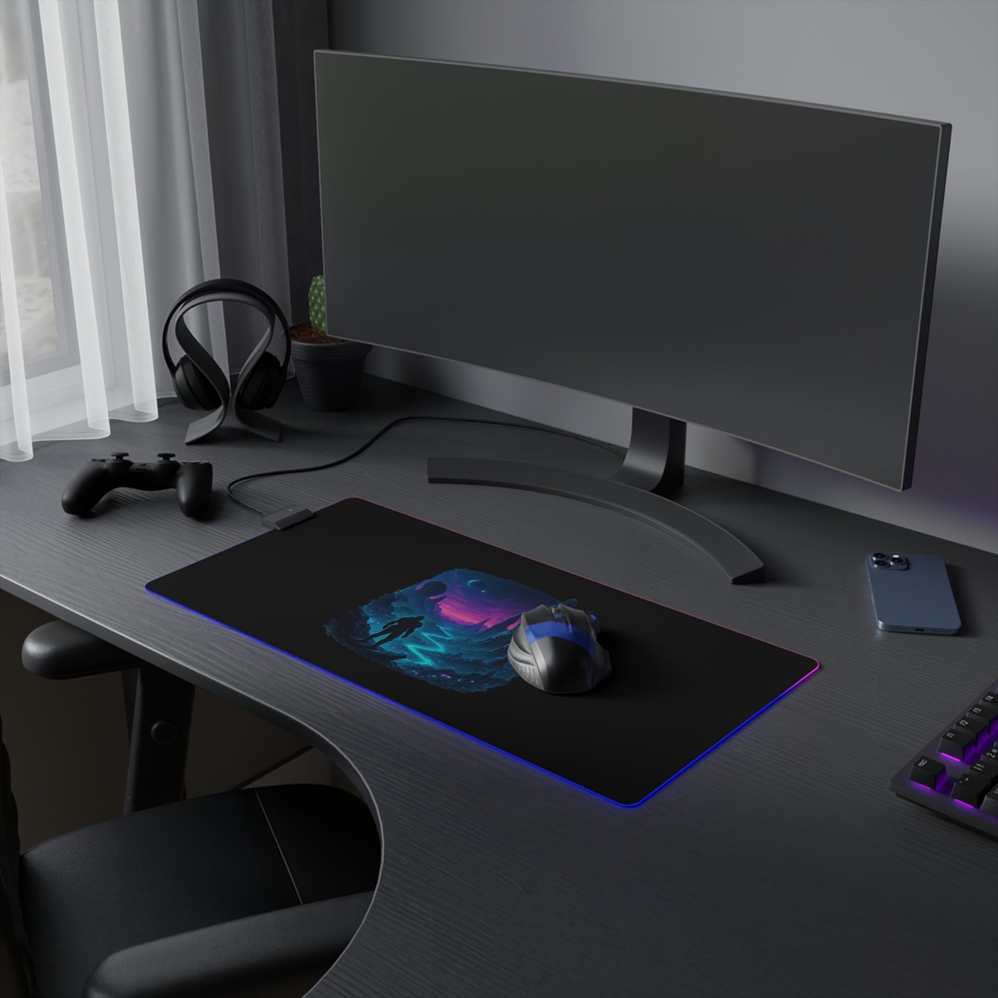 LED Gaming Mouse Pad with Cosmic Landscape Design | Gamer Accessories, Desk Decor, Office Gift, Unique Gaming Setup, LED Light