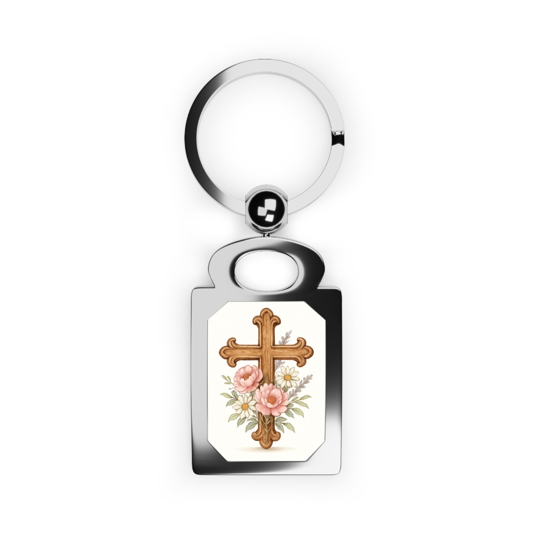 Floral Cross Keyring - Elegant Rectangle Keychain with Vintage Floral Design