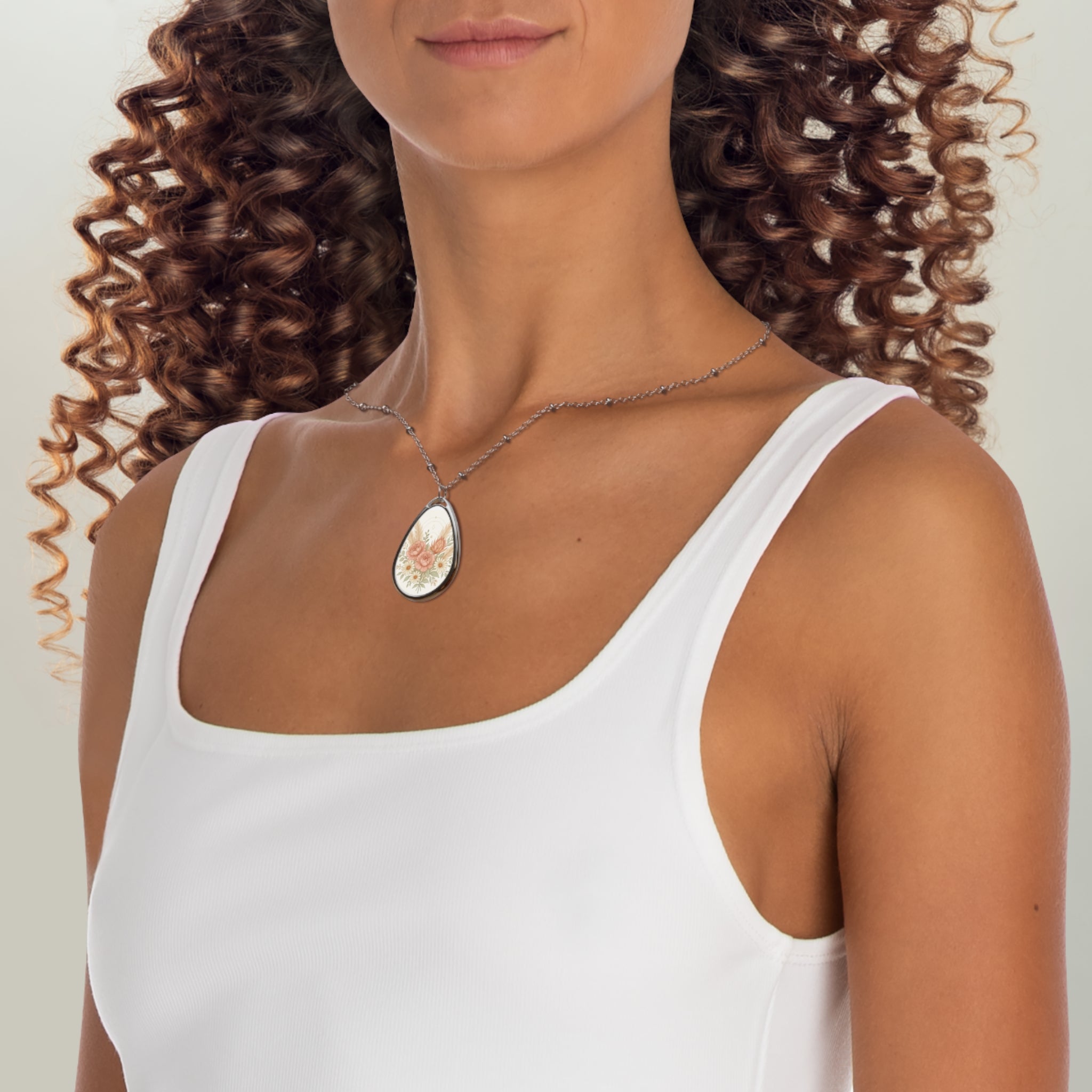 Floral Oval Necklace, Elegant Jewelry, Gifts for Her, Mother's Day, Wedding, Boho Chic, Nature-Inspired Pendant