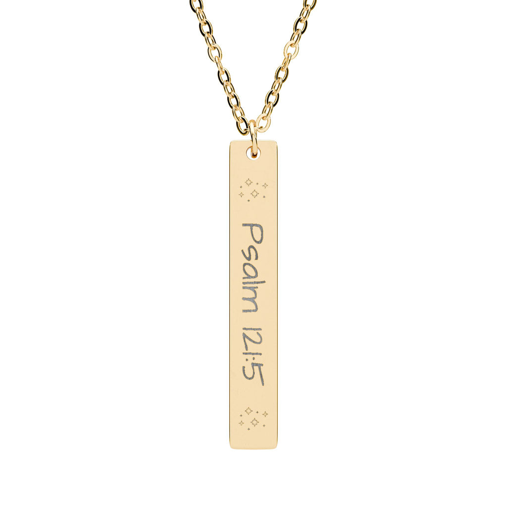 Psalm 121:5 Engraved Vertical Bar Necklace — Inspirational Scripture Pendant
