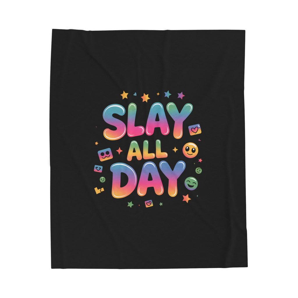 Slay All Day Velveteen Blanket | Gen-Z Slang, Bold Rainbow Text