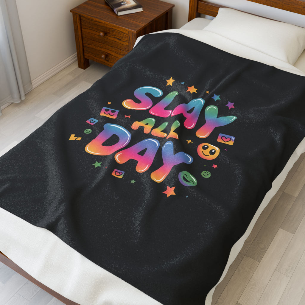 Slay All Day Velveteen Blanket | Gen-Z Slang, Bold Rainbow Text