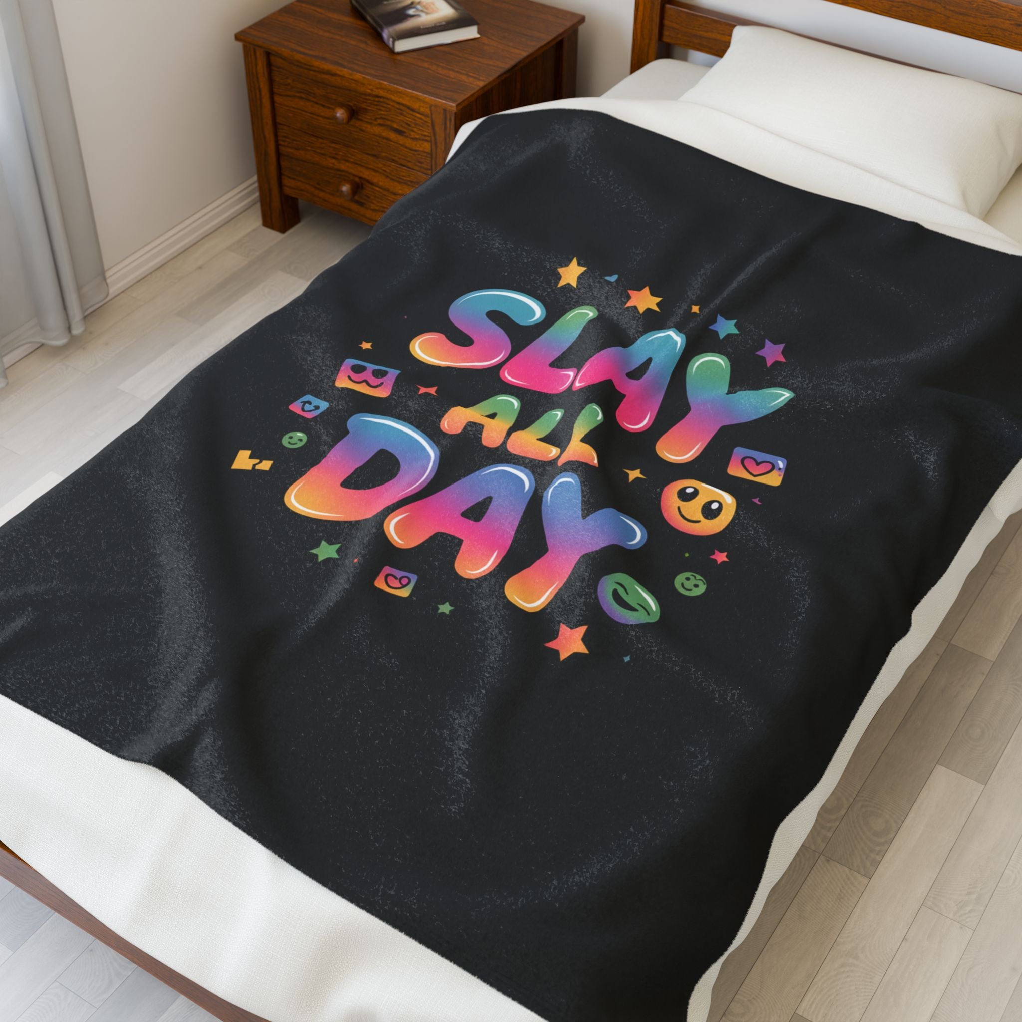 Slay All Day Velveteen Blanket | Gen-Z Slang, Bold Rainbow Text