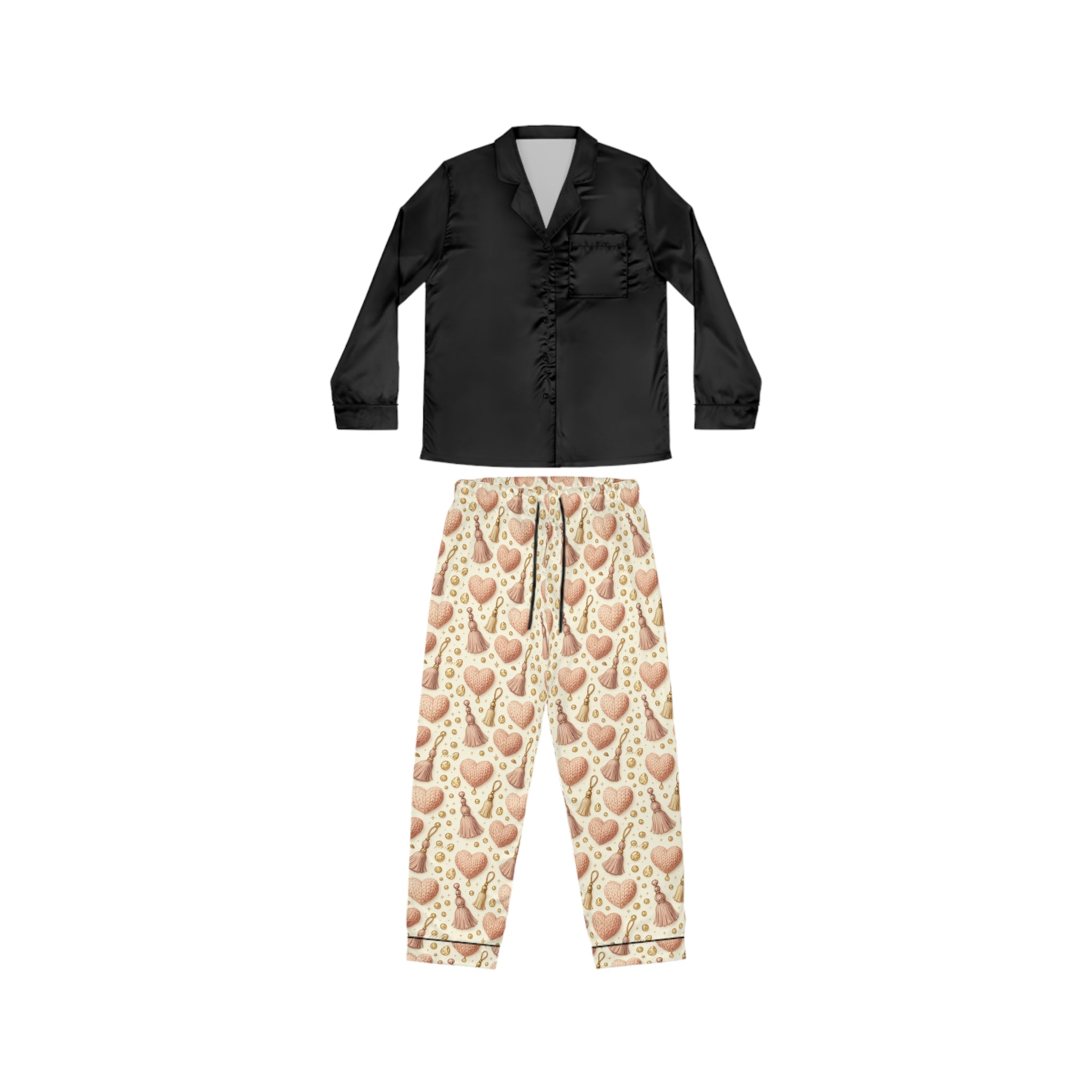 Satin Pajama Set – Heart Cookie Print Lounge PJs for Women