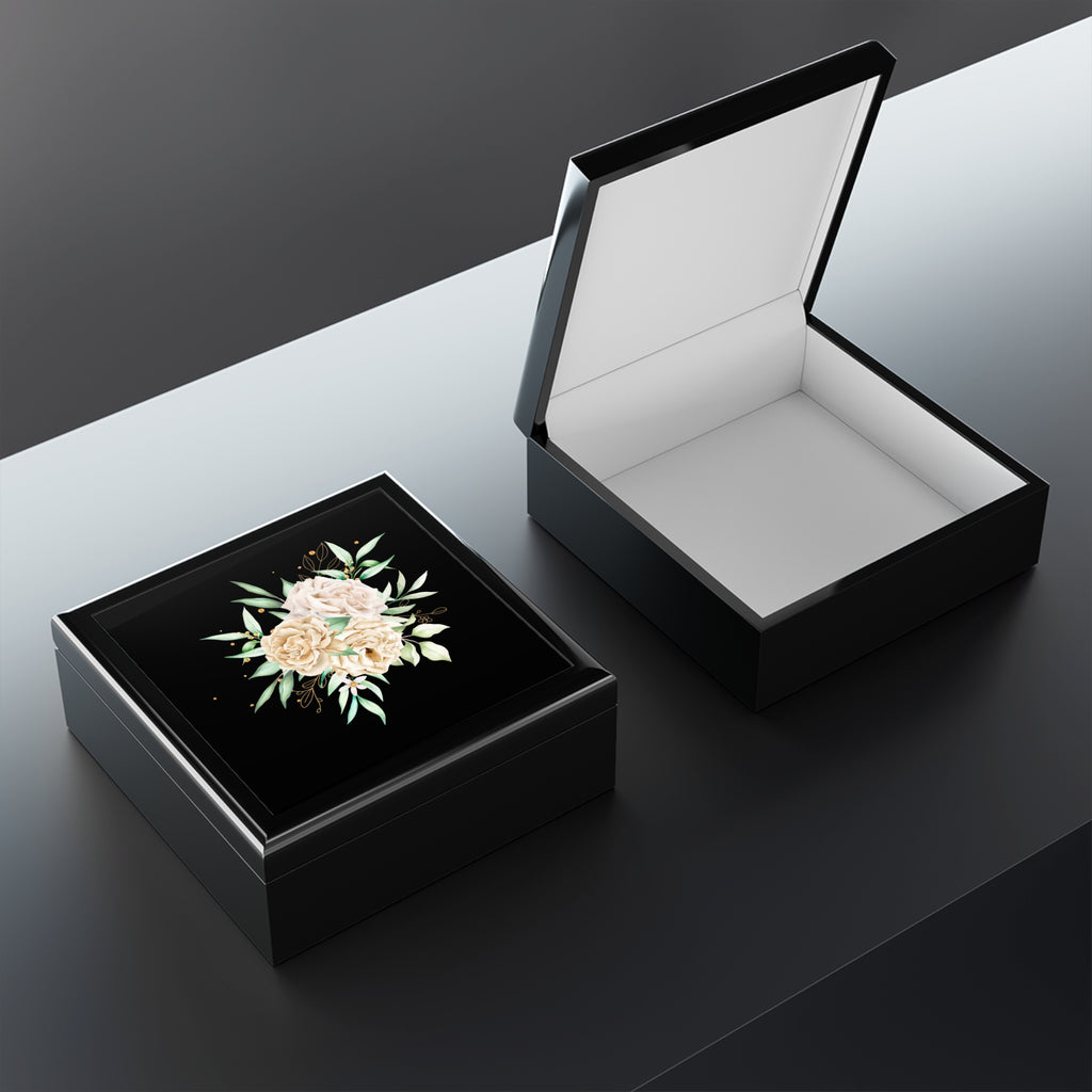 Floral Elegance Jewelry Box — Cream Peony Design on Black