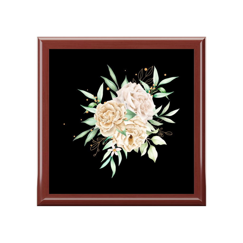 Floral Elegance Jewelry Box — Cream Peony Design on Black