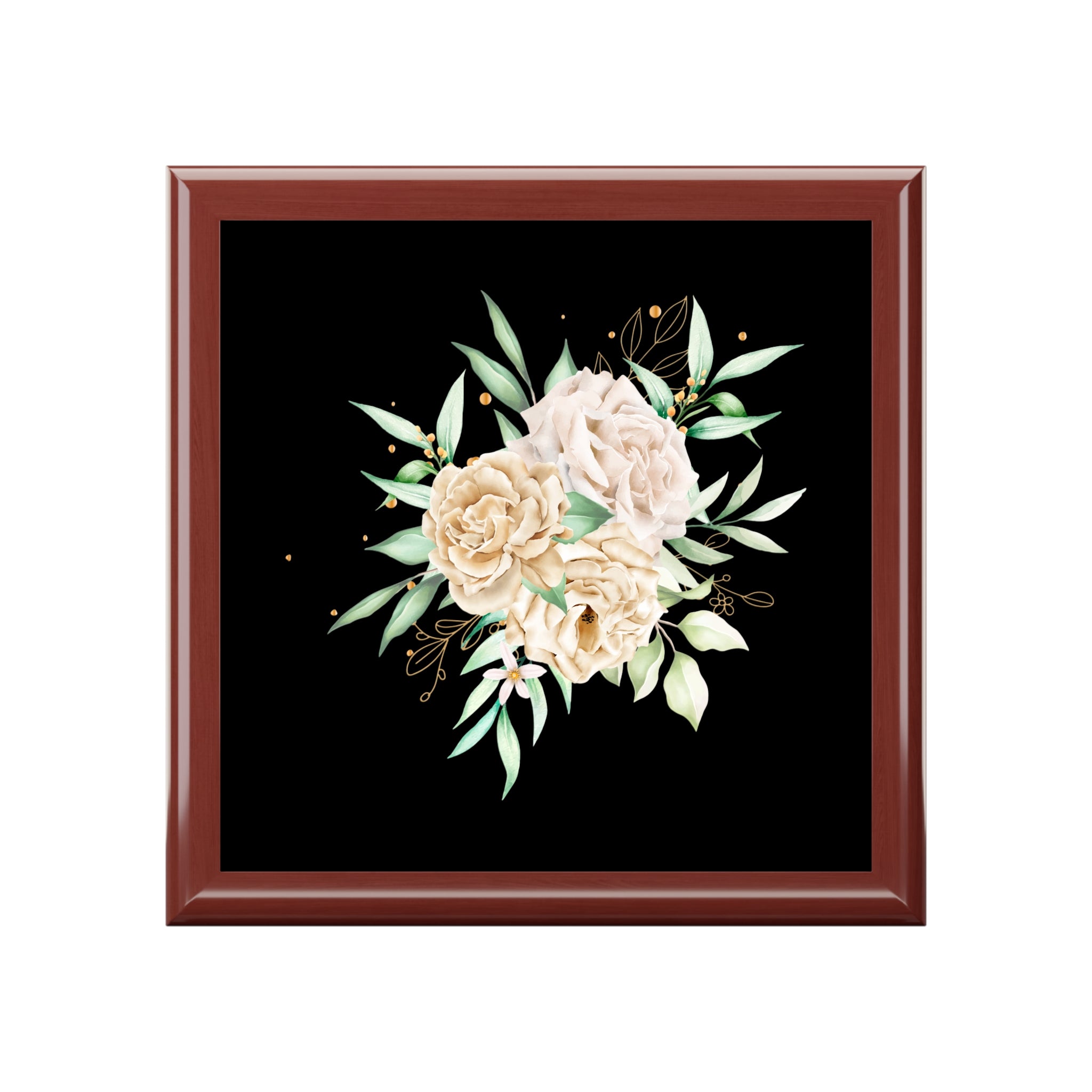 Floral Elegance Jewelry Box — Cream Peony Design on Black
