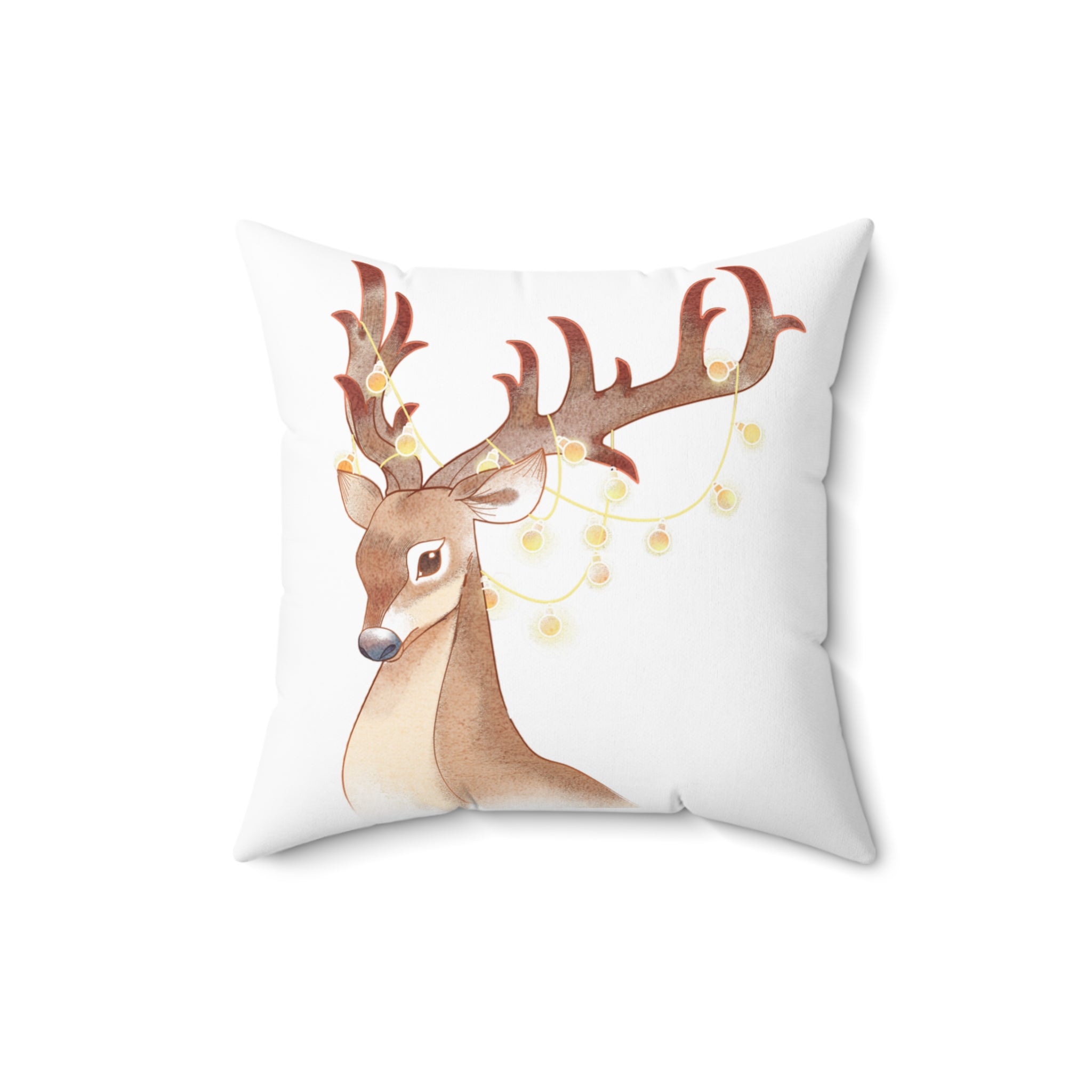 Watercolor Reindeer Pillow — Festive Deer Throw Pillow with String Lights