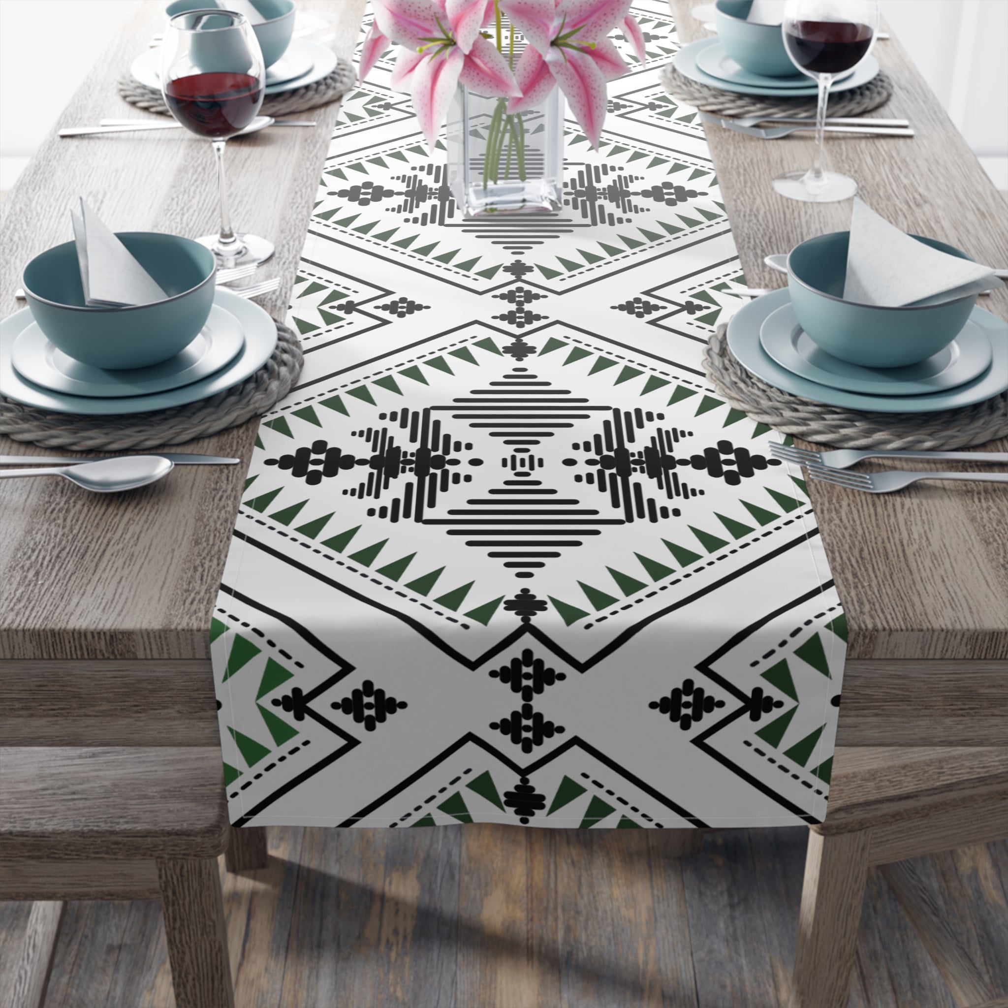Aztec Pattern Cotton-Poly Table Runner — Southwestern Tribal Dining Decor