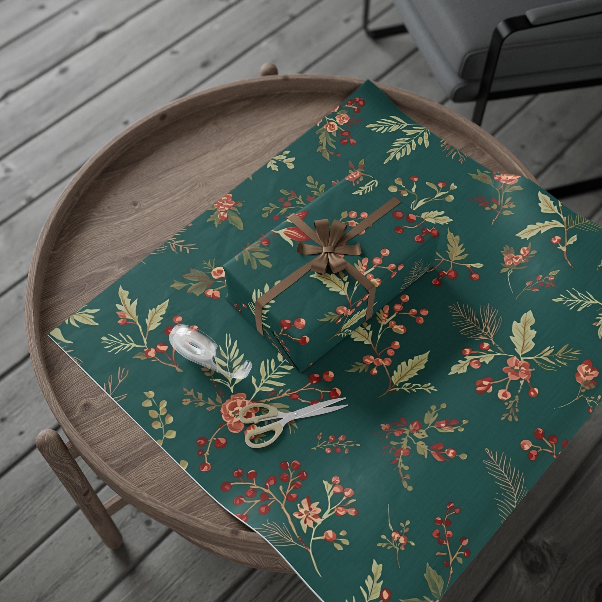 Green Floral Christmas Wrapping Paper