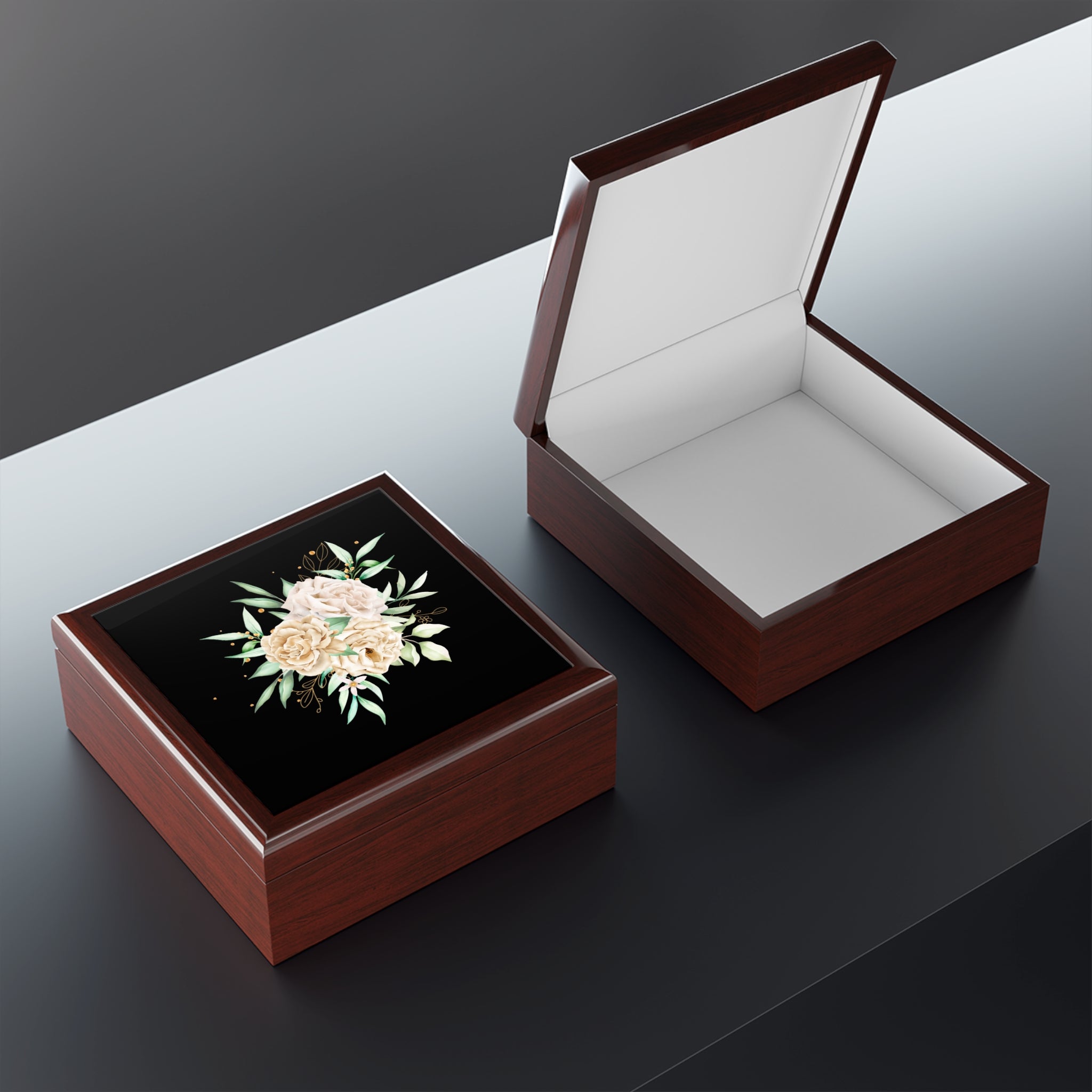 Floral Elegance Jewelry Box — Cream Peony Design on Black