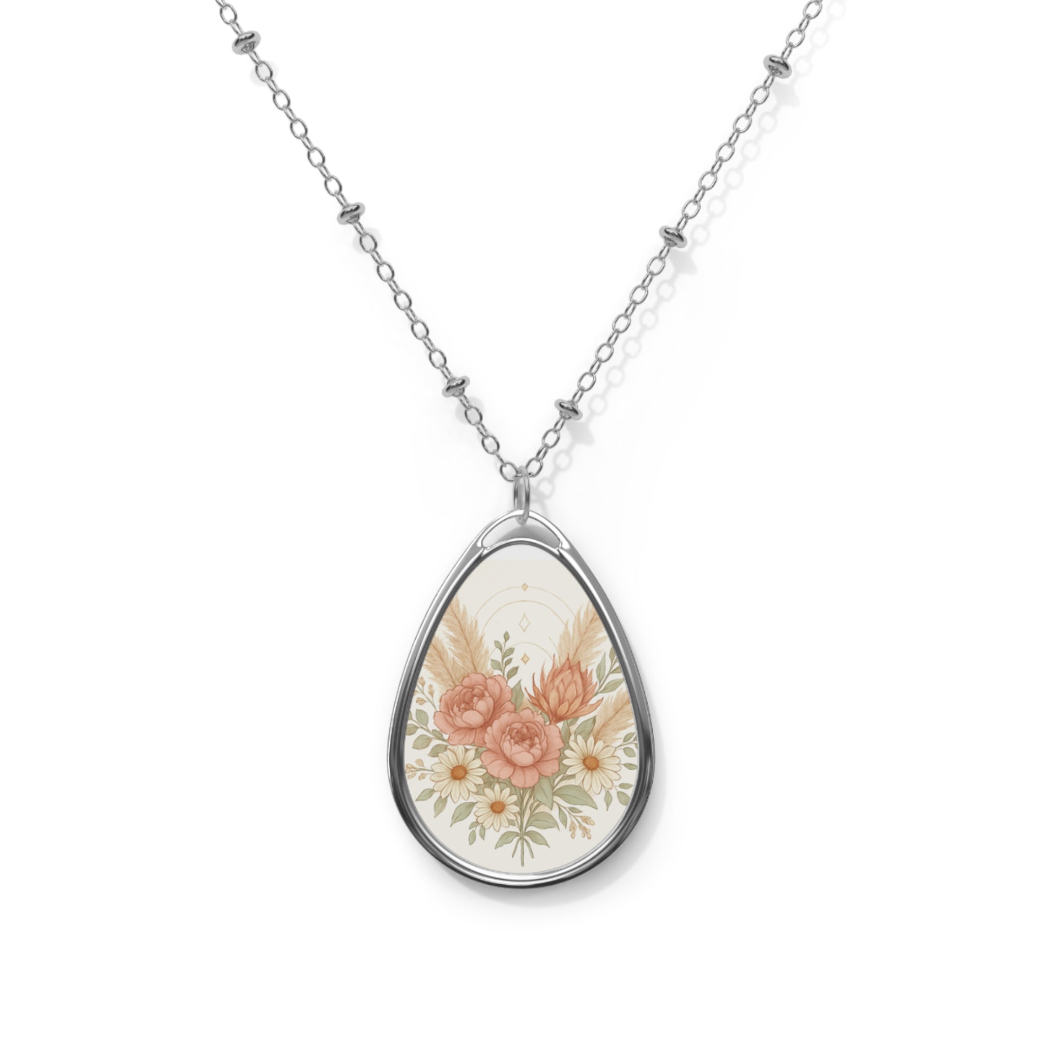 Floral Oval Necklace, Elegant Jewelry, Gifts for Her, Mother's Day, Wedding, Boho Chic, Nature-Inspired Pendant