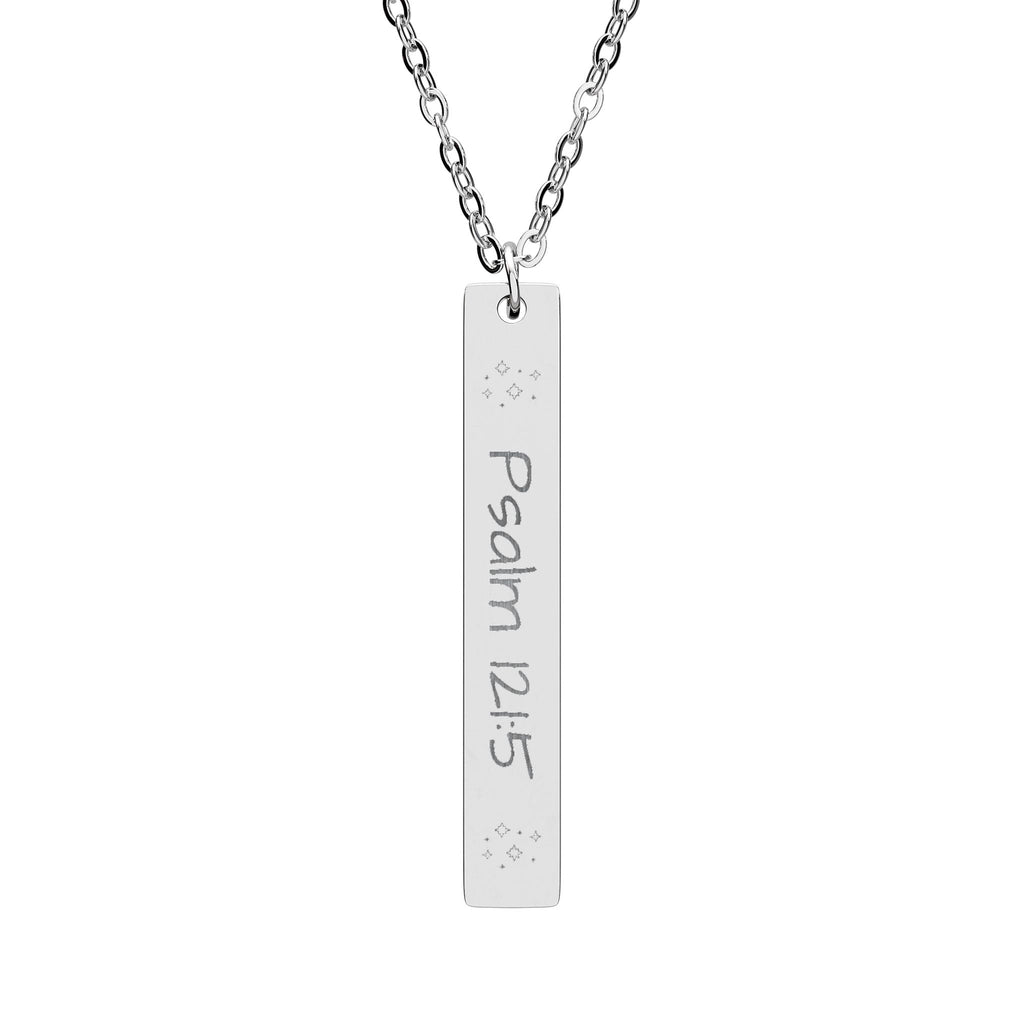 Psalm 121:5 Engraved Vertical Bar Necklace — Inspirational Scripture Pendant