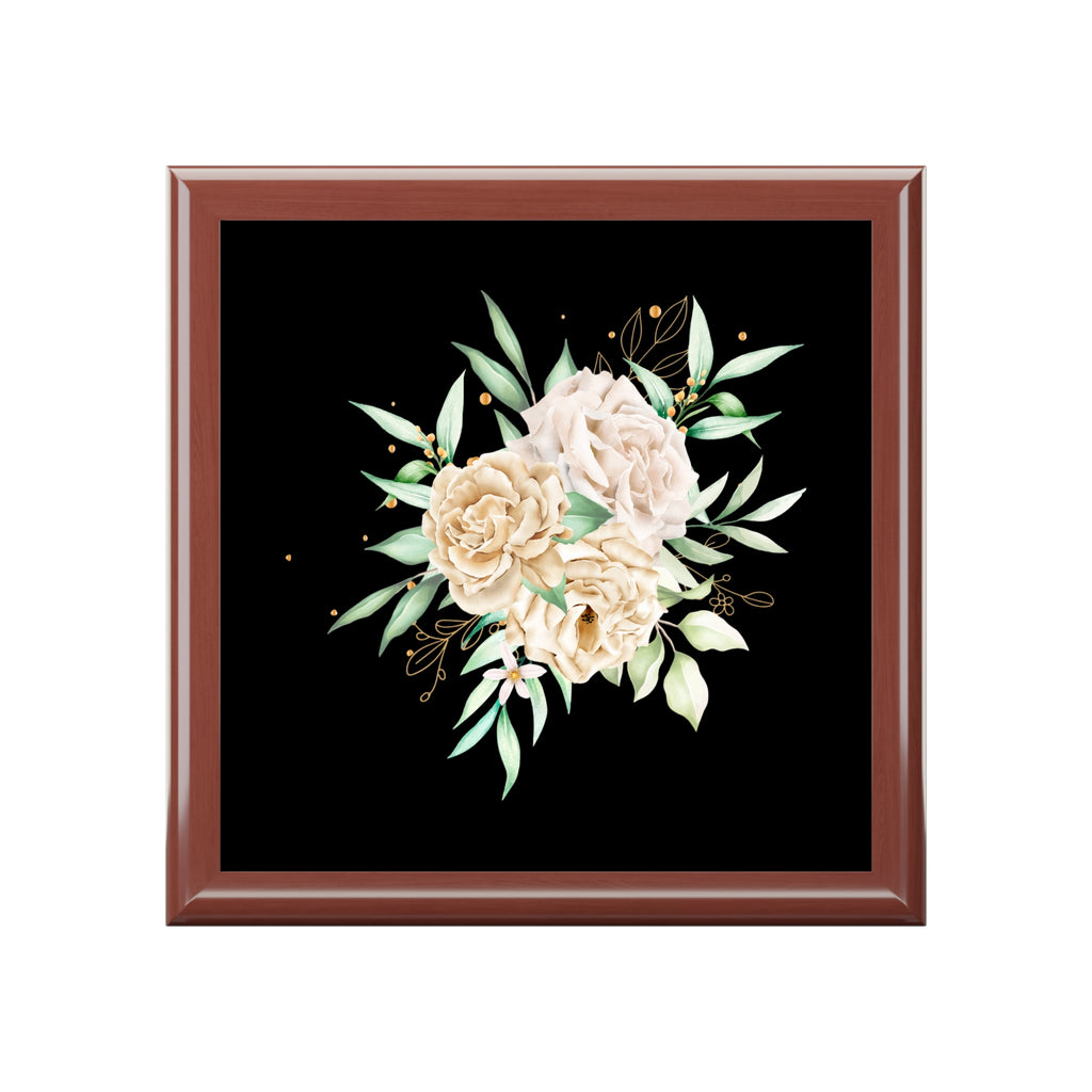 Floral Elegance Jewelry Box — Cream Peony Design on Black