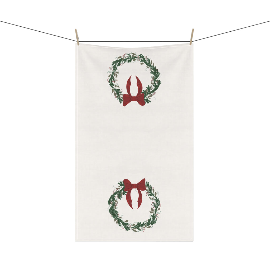 Christmas Wreath Tea Towel with Red Bow – Holiday Kitchen Linen