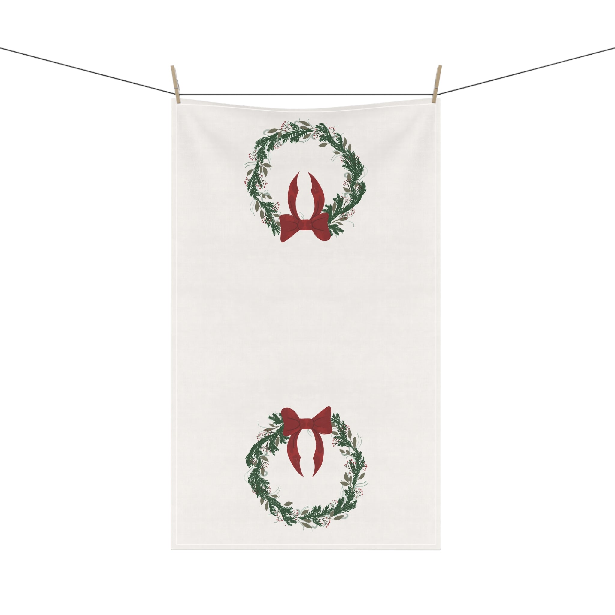 Christmas Wreath Tea Towel with Red Bow – Holiday Kitchen Linen